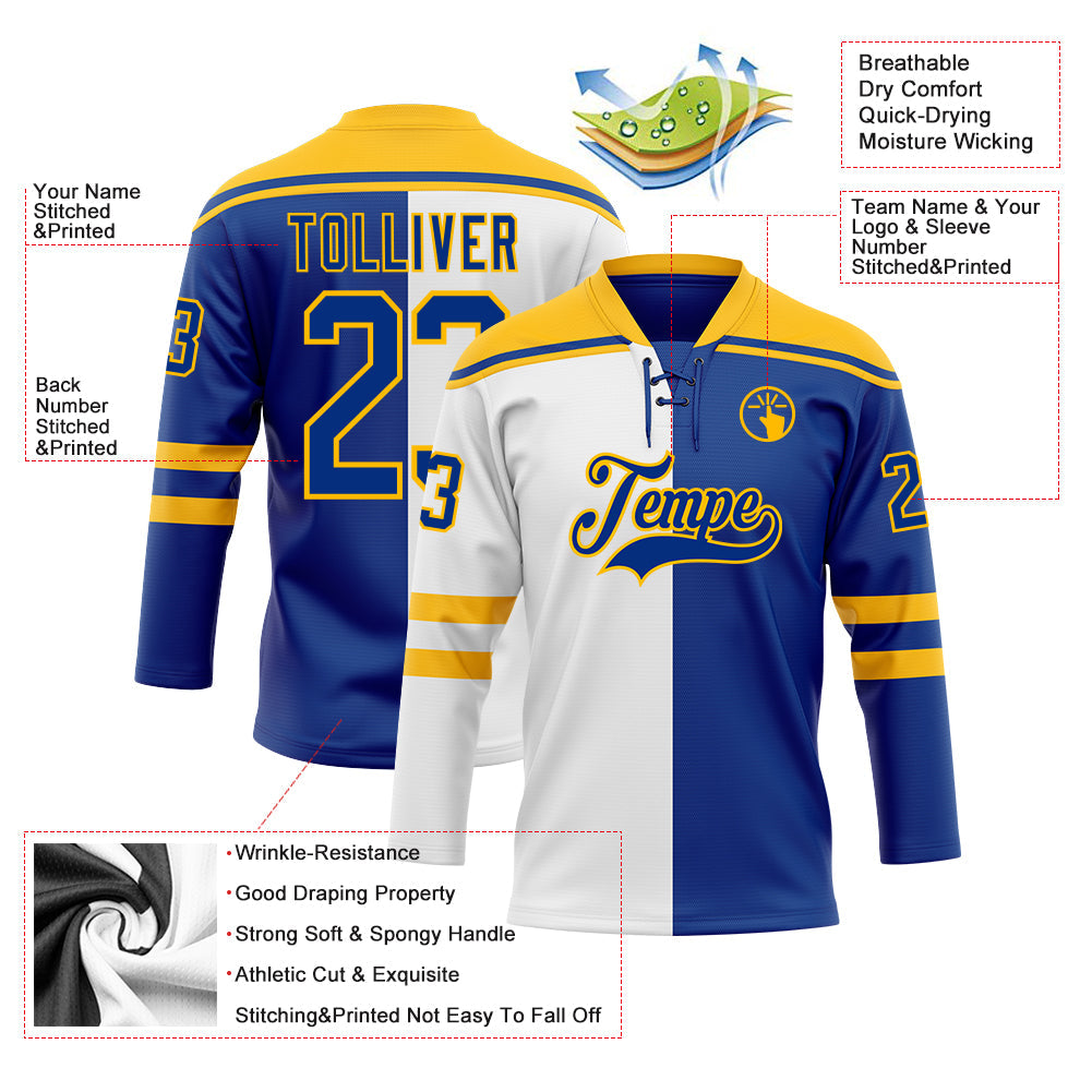 Custom Royal Gold-White Split Fashion Hockey Lace Neck Jersey view 5