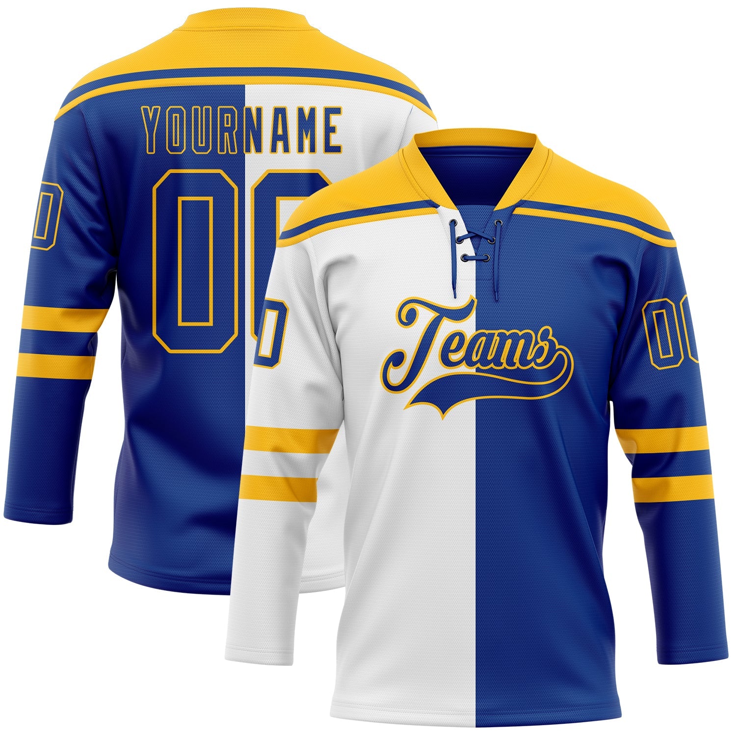 Custom Royal Gold-White Split Fashion Hockey Lace Neck Jersey - Main View