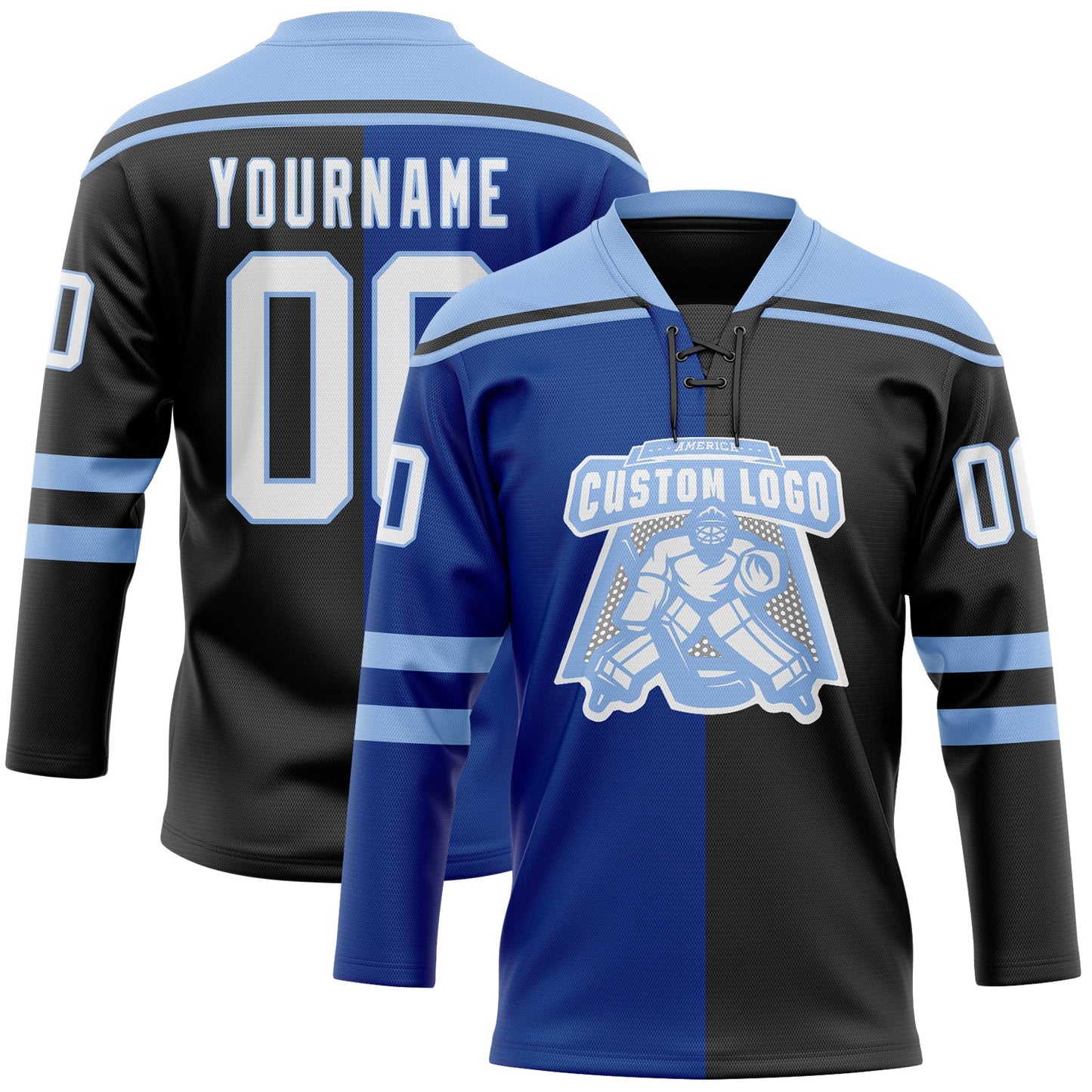 Custom Black White Royal-Light Blue Split Fashion Hockey Lace Neck Jersey view 2