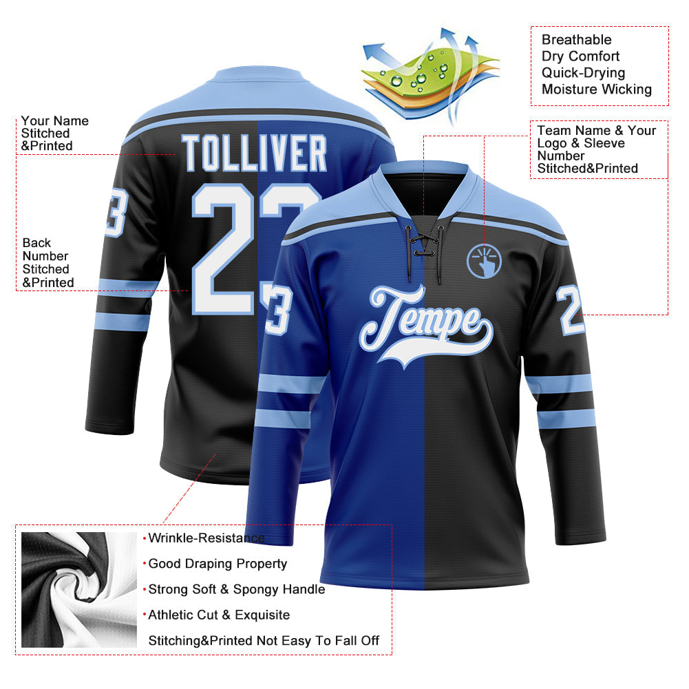 Custom Black White Royal-Light Blue Split Fashion Hockey Lace Neck Jersey view 5
