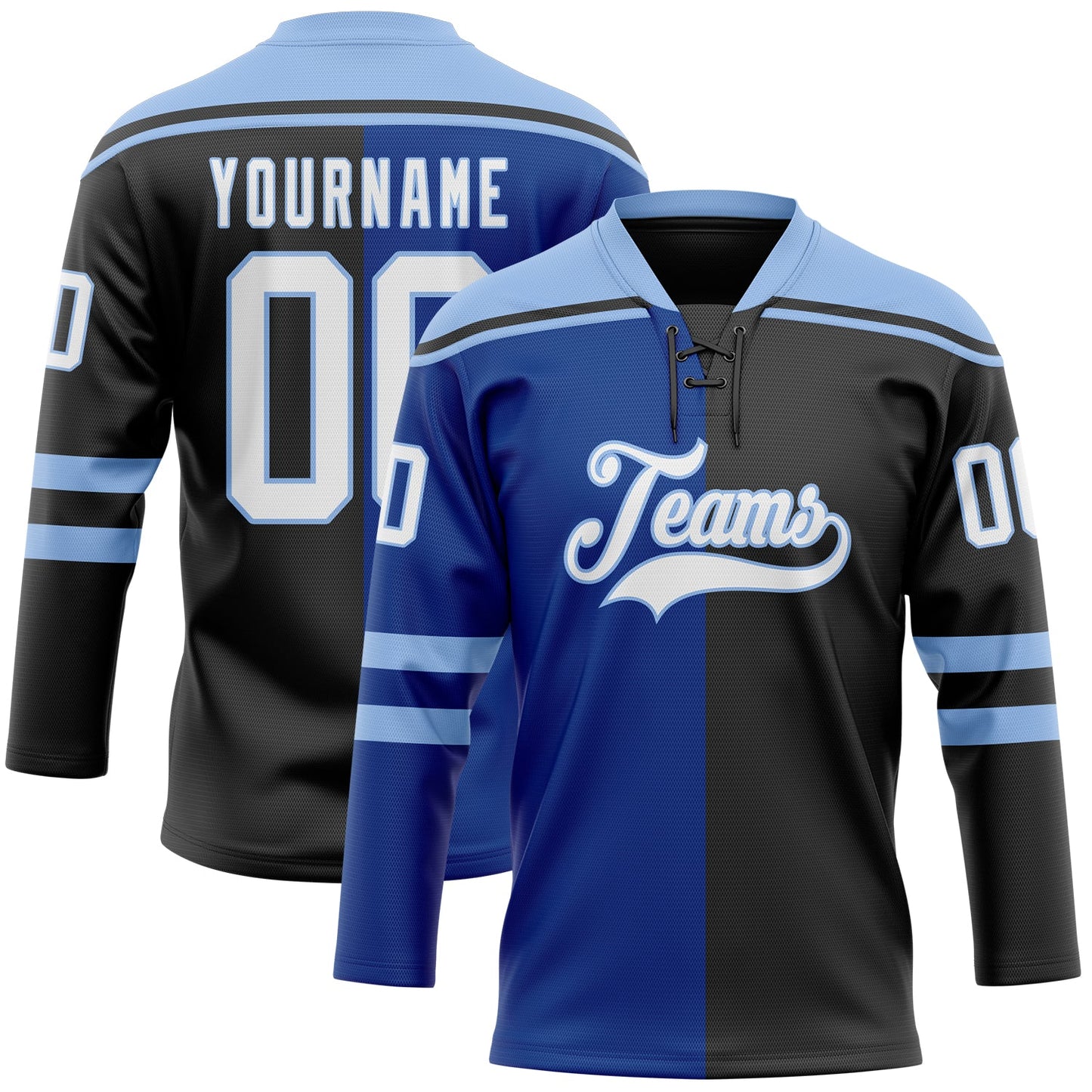 Custom Black White Royal-Light Blue Split Fashion Hockey Lace Neck Jersey - Main View