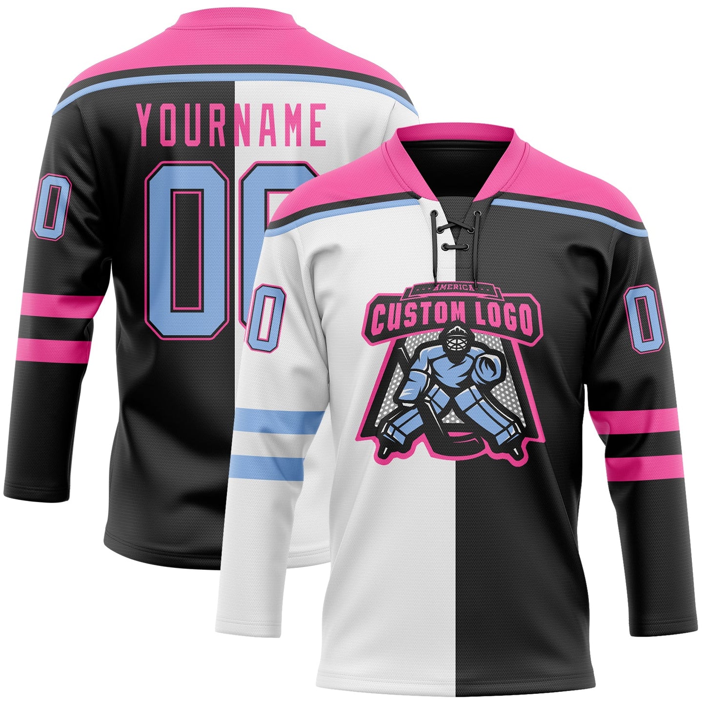 Custom Black Light Blue Pink-White Split Fashion Hockey Lace Neck Jersey view 2