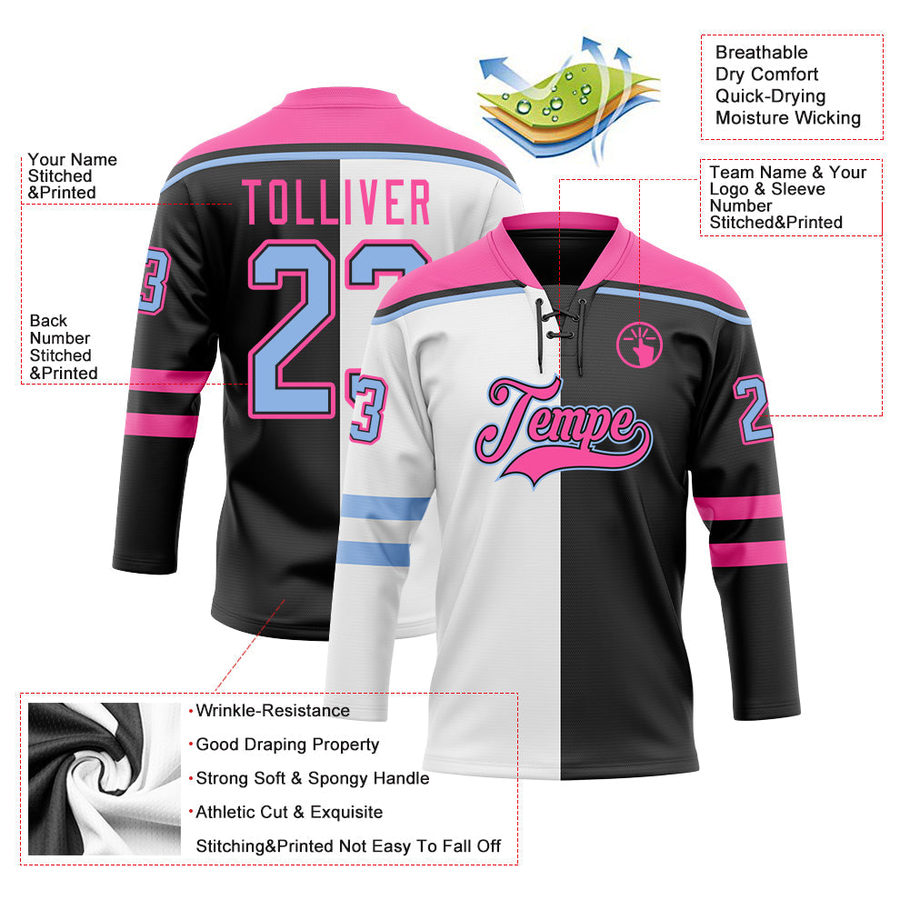 Custom Black Light Blue Pink-White Split Fashion Hockey Lace Neck Jersey view 5