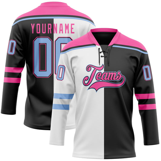 Custom Black Light Blue Pink-White Split Fashion Hockey Lace Neck Jersey - Main View
