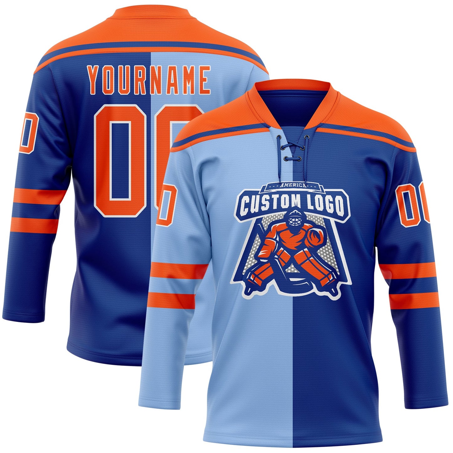 Custom Royal Orange Light Blue-White Split Fashion Hockey Lace Neck Jersey view 2