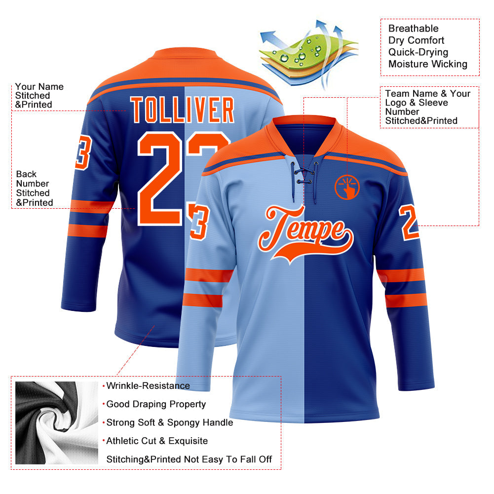 Custom Royal Orange Light Blue-White Split Fashion Hockey Lace Neck Jersey view 5