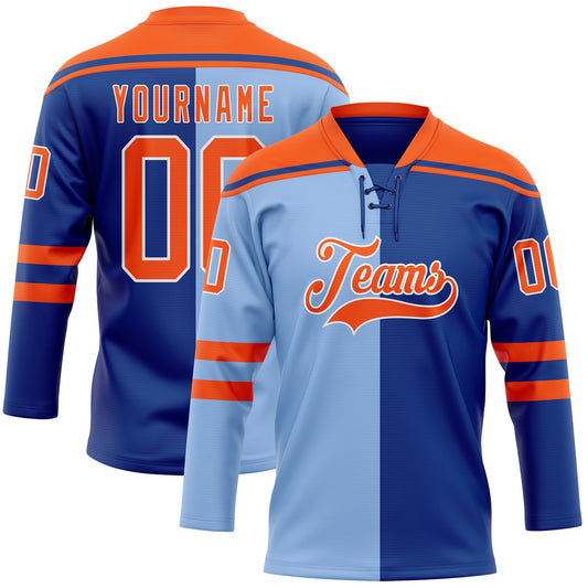 Custom Royal Orange Light Blue-White Split Fashion Hockey Lace Neck Jersey - Main View