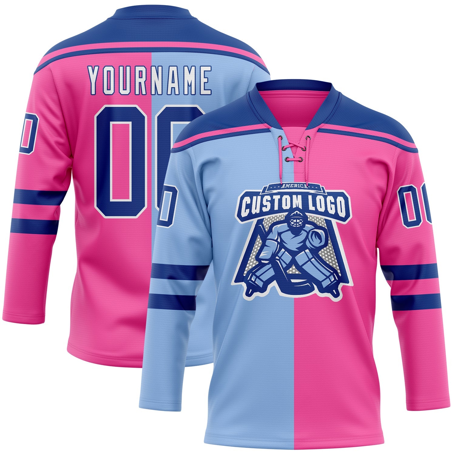 Custom Pink Royal Light Blue-White Split Fashion Hockey Lace Neck Jersey view 2