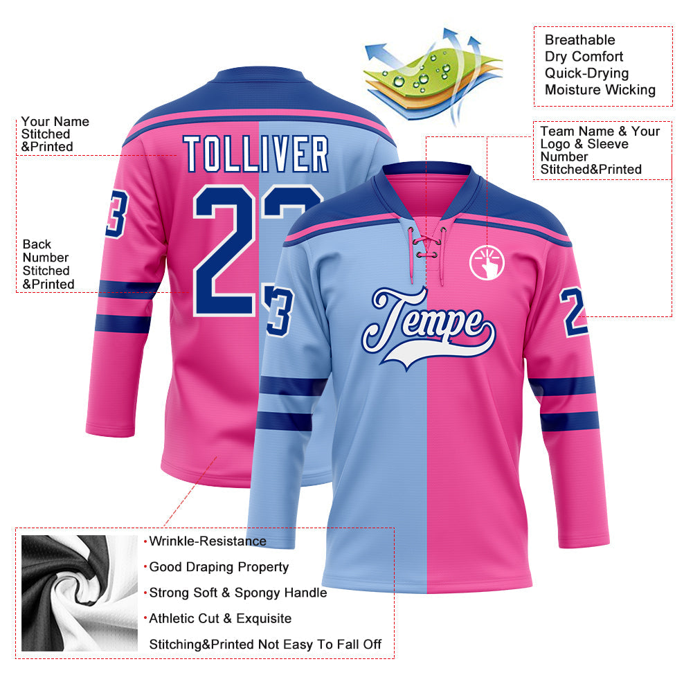 Custom Pink Royal Light Blue-White Split Fashion Hockey Lace Neck Jersey view 5