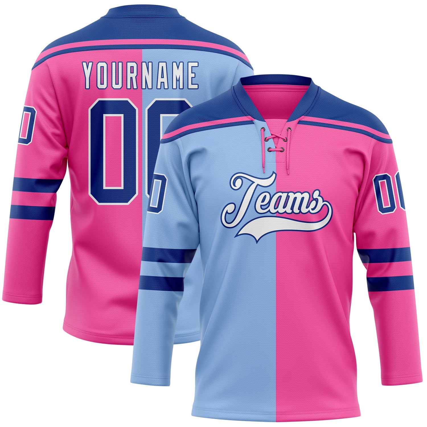 Custom Pink Royal Light Blue-White Split Fashion Hockey Lace Neck Jersey - Main View