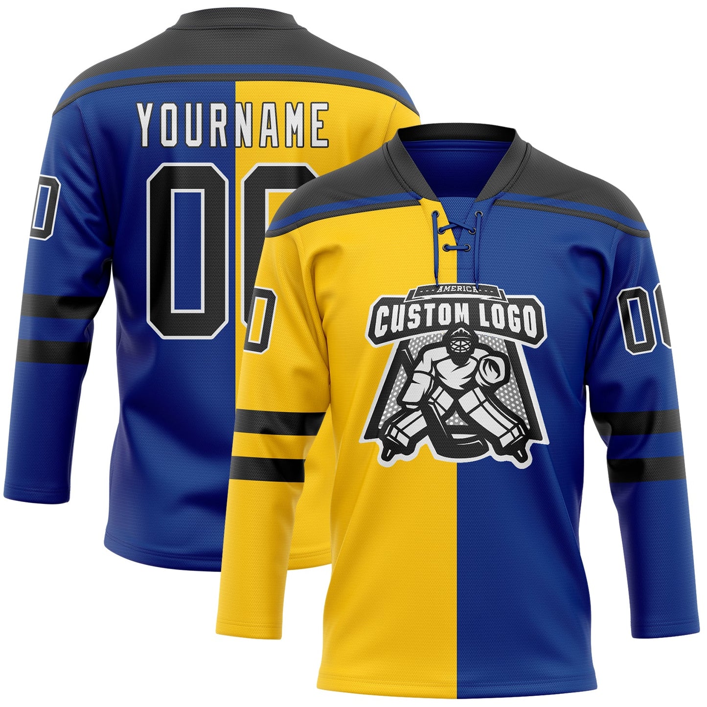 Custom Royal Black Yellow-White Split Fashion Hockey Lace Neck Jersey view 2