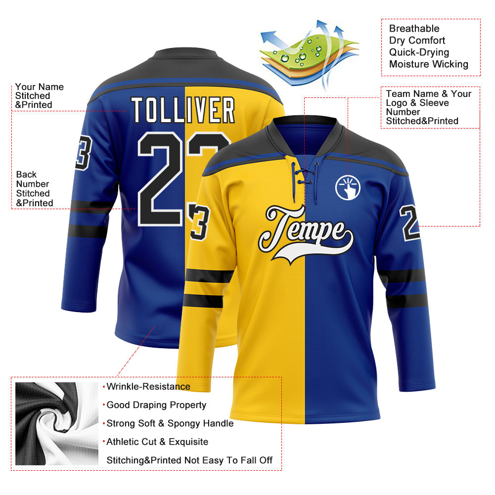 Custom Royal Black Yellow-White Split Fashion Hockey Lace Neck Jersey view 5
