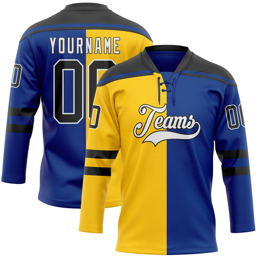 Custom Royal Black Yellow-White Split Fashion Hockey Lace Neck Jersey - Main View