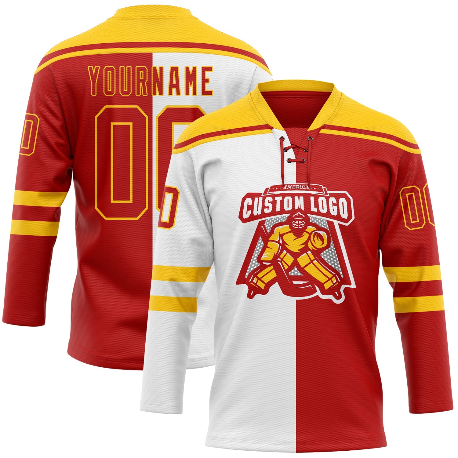 Custom Red Gold-White Split Fashion Hockey Lace Neck Jersey view 2