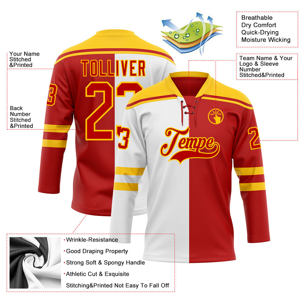 Custom Red Gold-White Split Fashion Hockey Lace Neck Jersey view 5