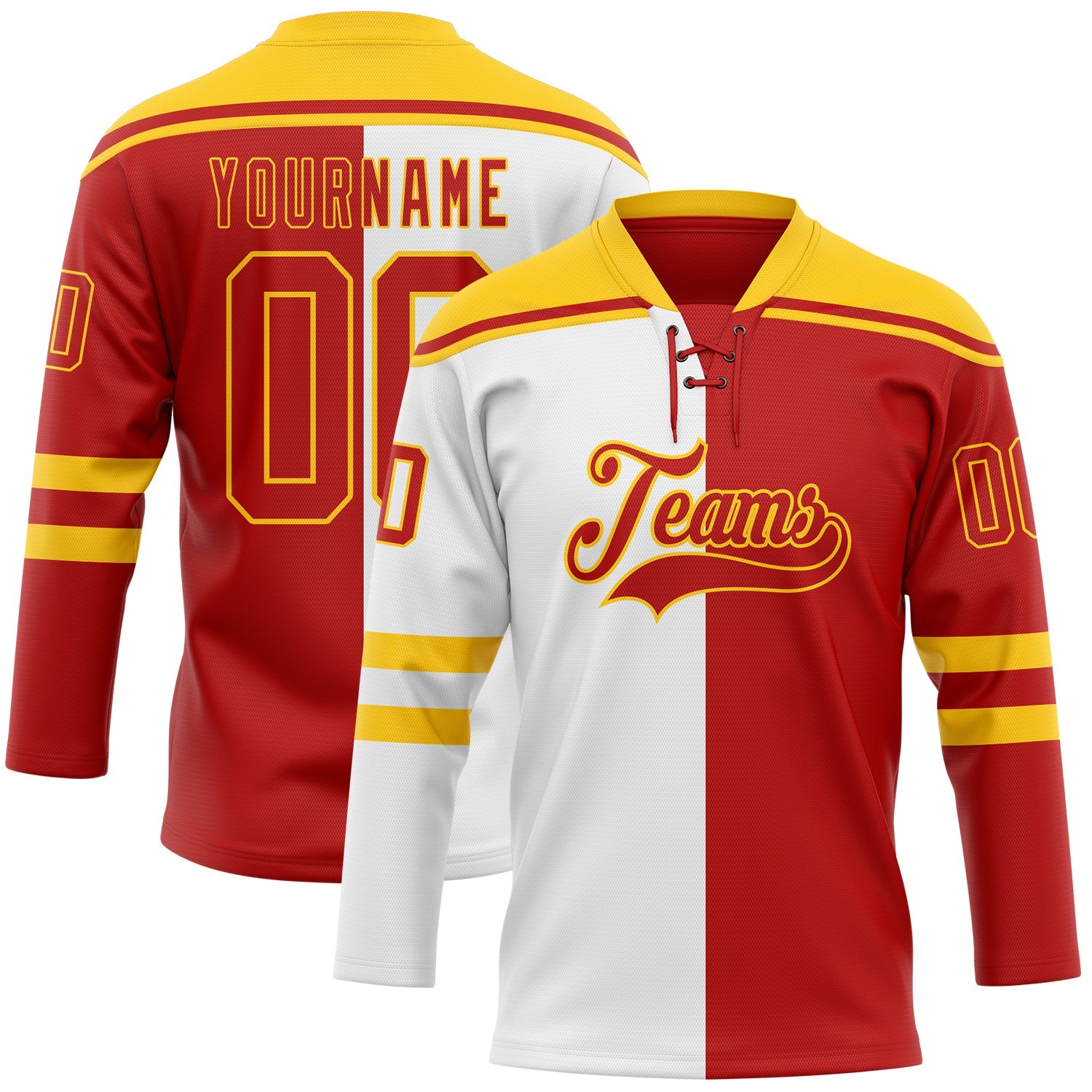Custom Red Gold-White Split Fashion Hockey Lace Neck Jersey - Main View