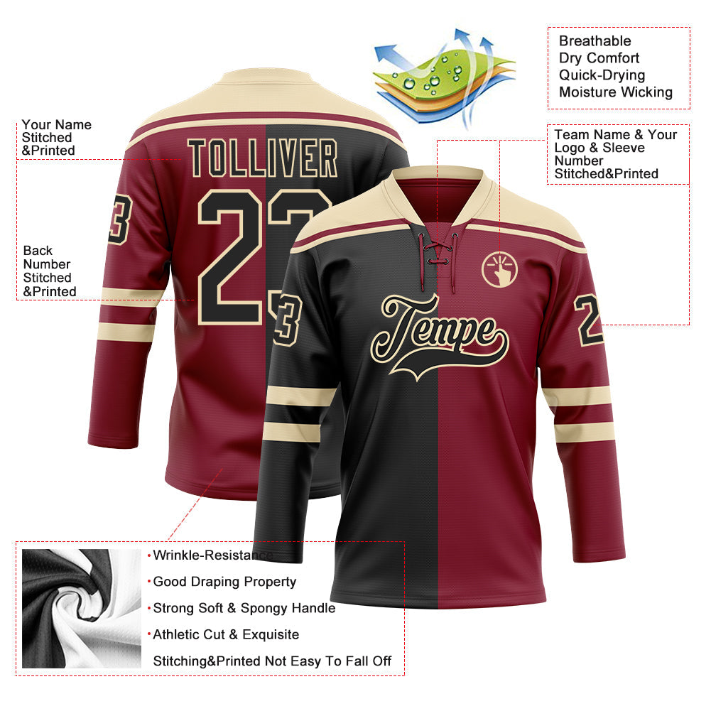 Custom Crimson Black-Cream Split Fashion Hockey Lace Neck Jersey view 5