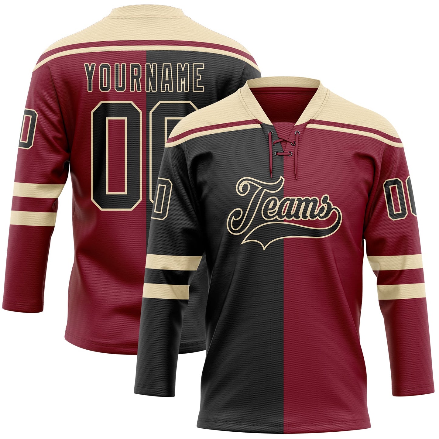 Custom Crimson Black-Cream Split Fashion Hockey Lace Neck Jersey - Main View