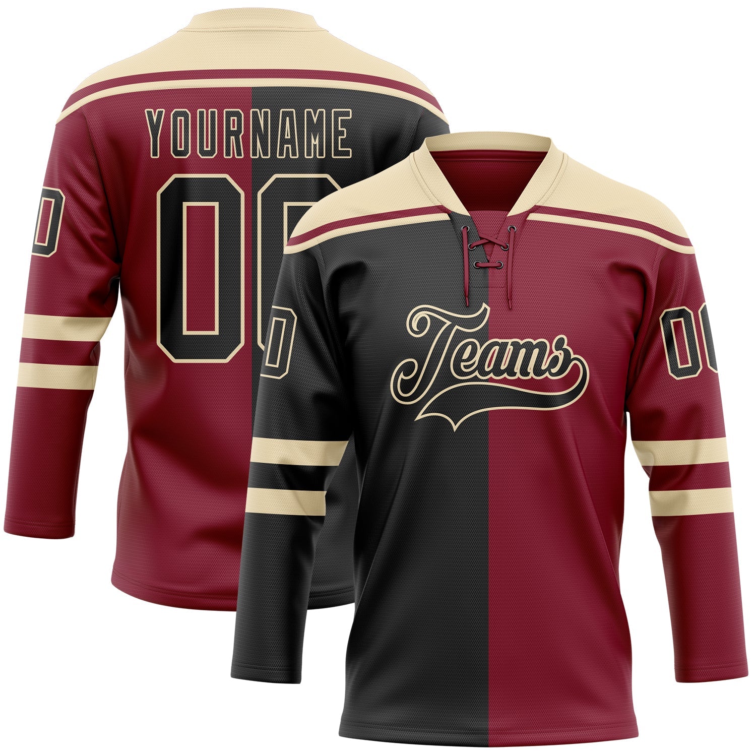 Custom Crimson Black-Cream Split Fashion Hockey Lace Neck Jersey - Main View