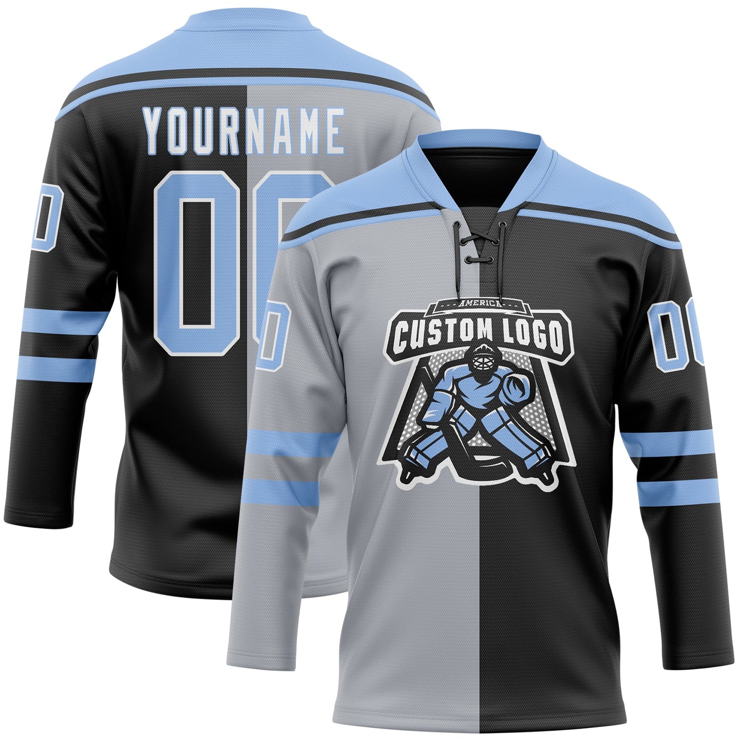 Custom Black Light Blue Gray-White Split Fashion Hockey Lace Neck Jersey view 2