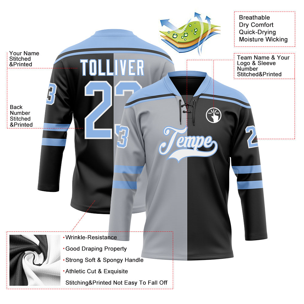 Custom Black Light Blue Gray-White Split Fashion Hockey Lace Neck Jersey view 5