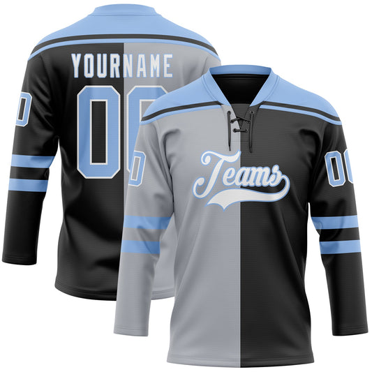 Custom Black Light Blue Gray-White Split Fashion Hockey Lace Neck Jersey - Main View
