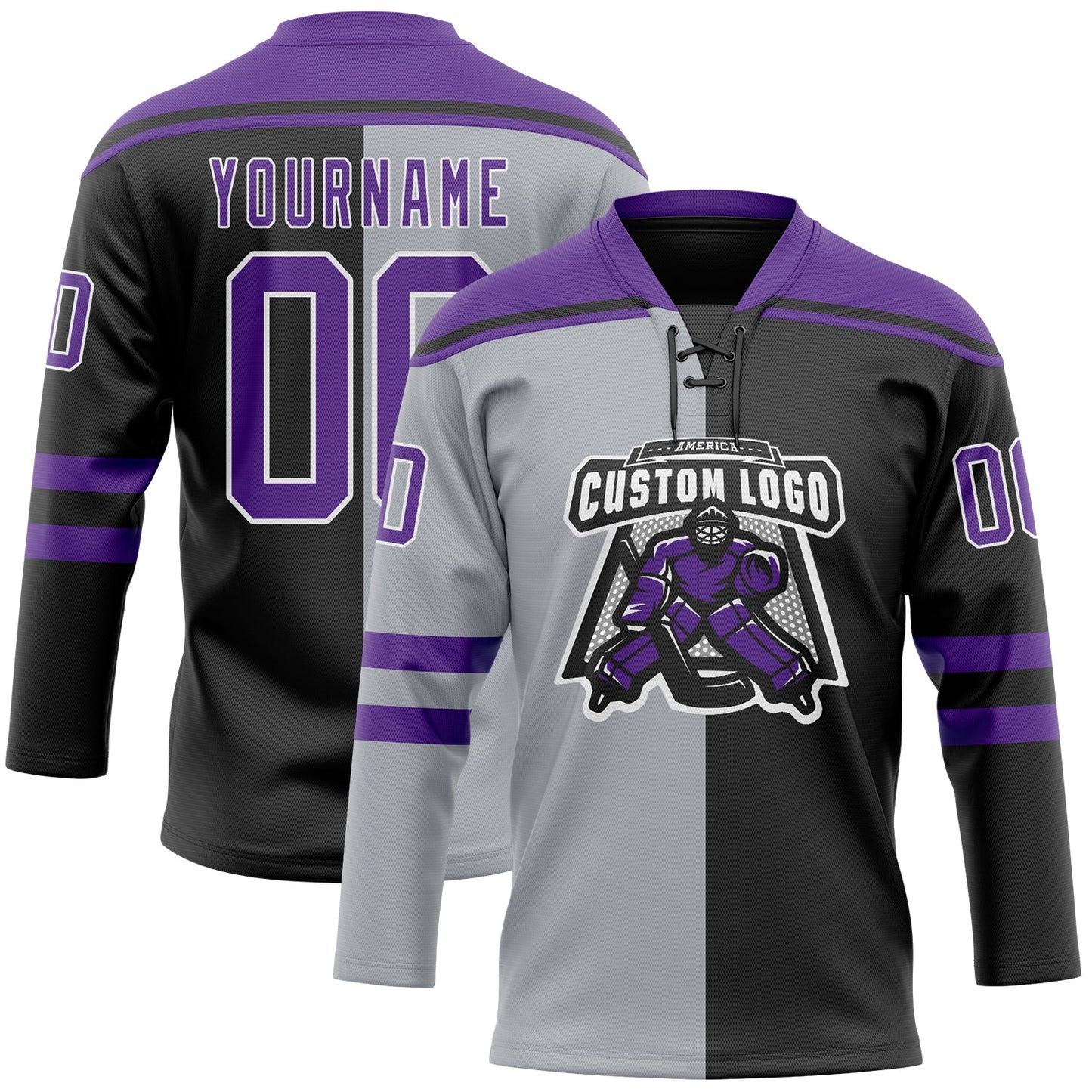 Custom Black Purple Gray-White Split Fashion Hockey Lace Neck Jersey view 2