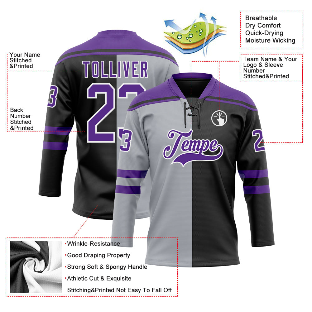 Custom Black Purple Gray-White Split Fashion Hockey Lace Neck Jersey view 5