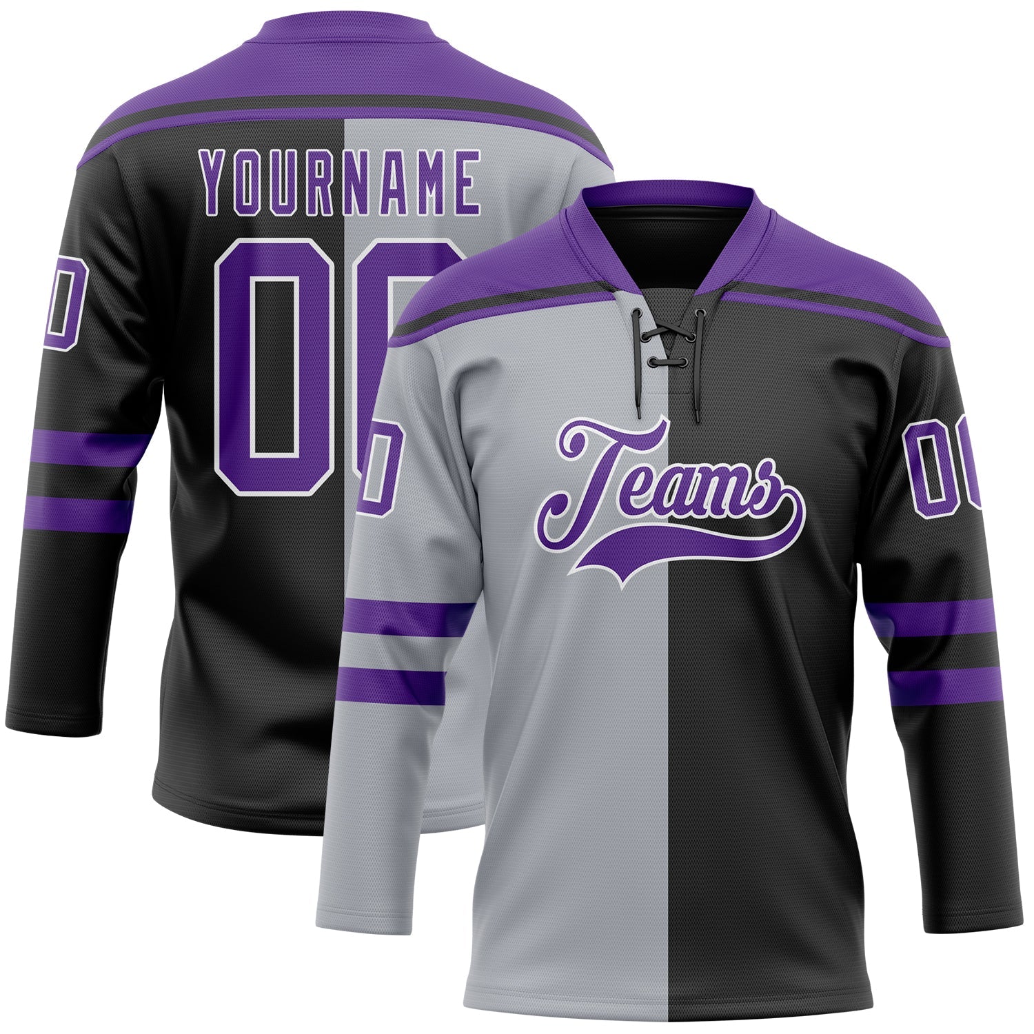 Custom Black Purple Gray-White Split Fashion Hockey Lace Neck Jersey - Main View