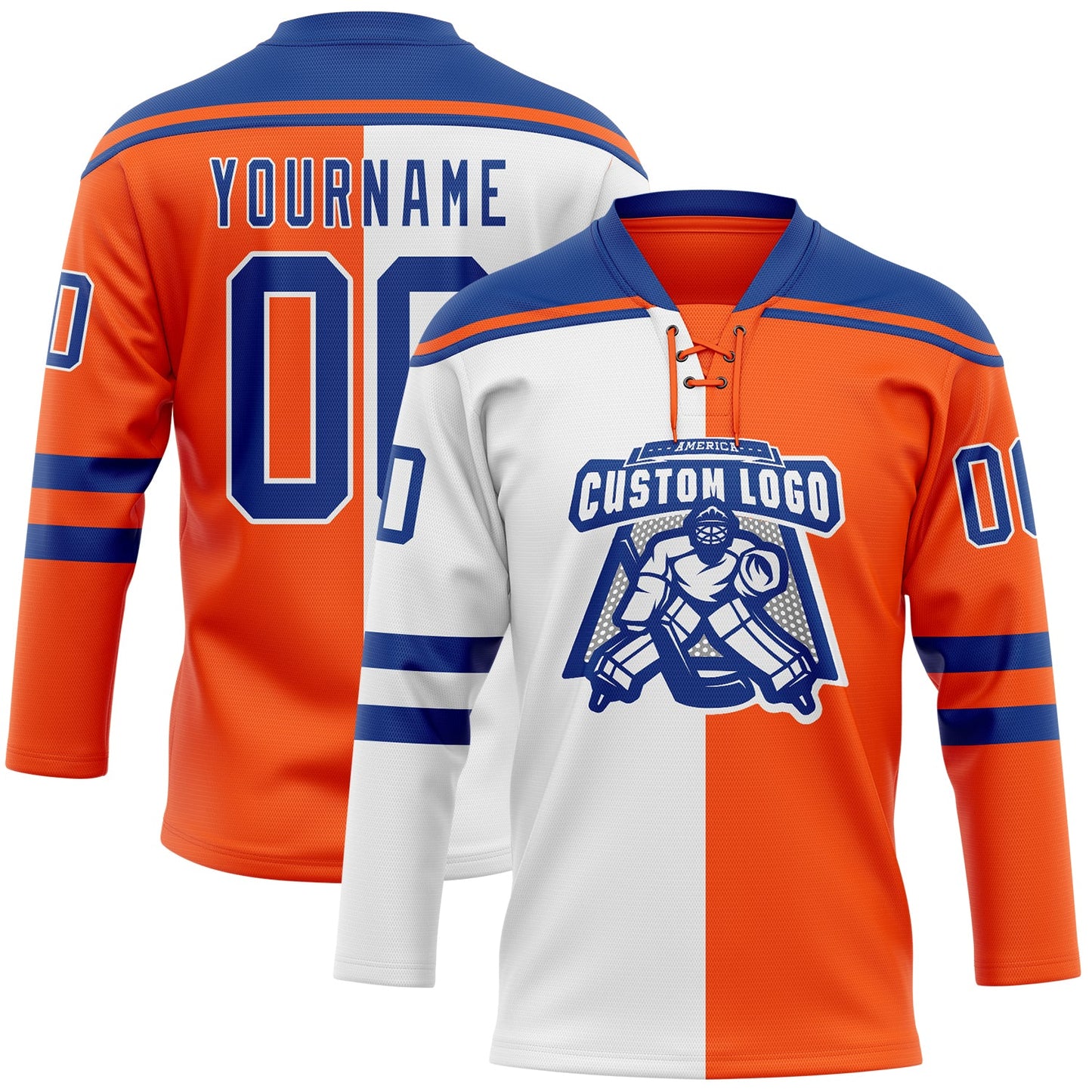 Custom Orange Royal-White Split Fashion Hockey Lace Neck Jersey view 2