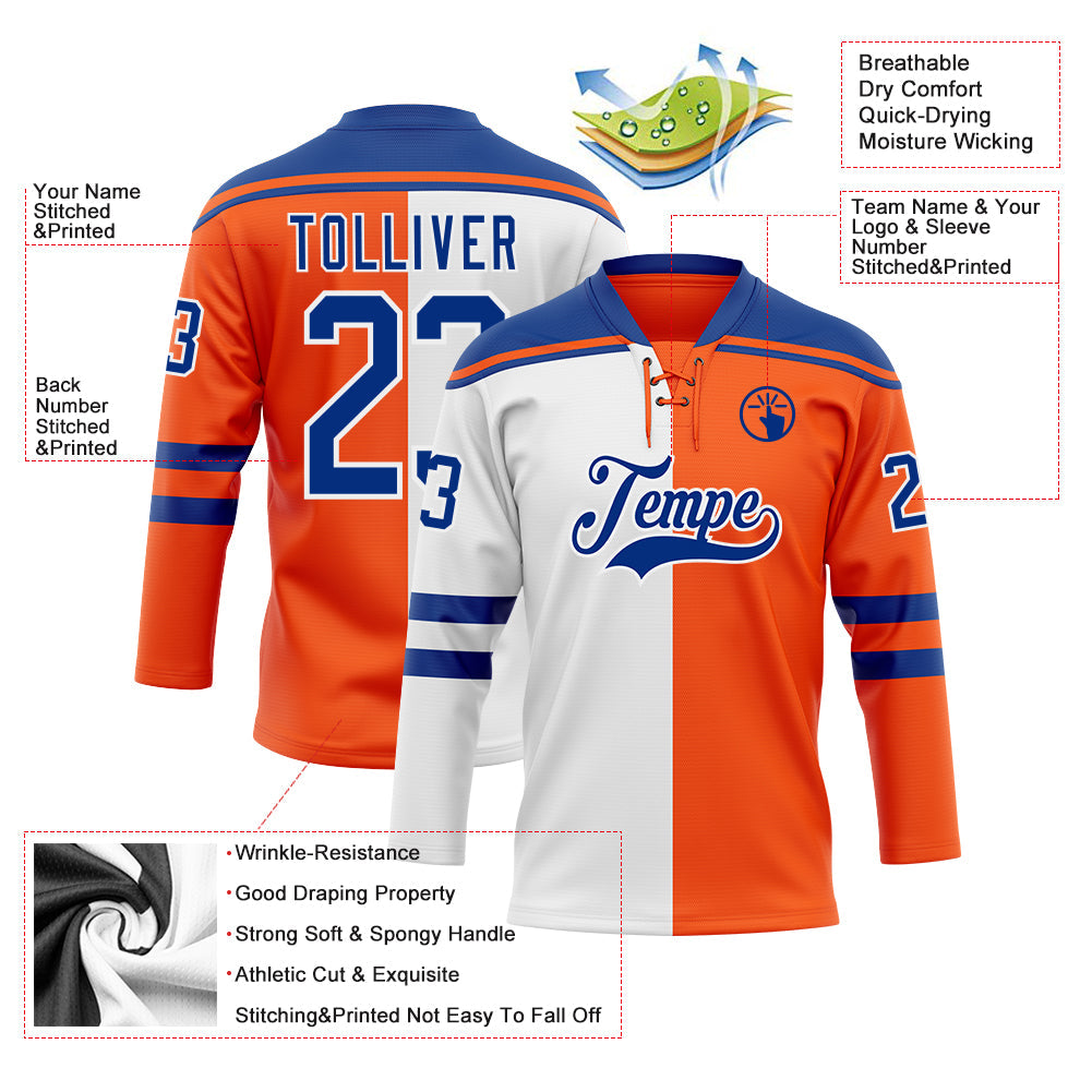 Custom Orange Royal-White Split Fashion Hockey Lace Neck Jersey view 5