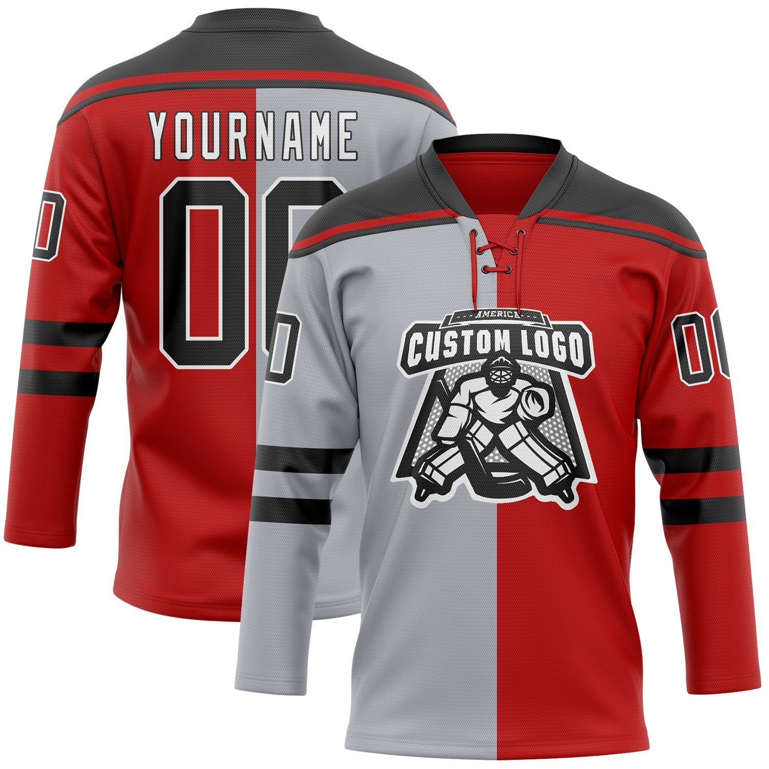 Custom Red Black Gray-White Split Fashion Hockey Lace Neck Jersey view 2