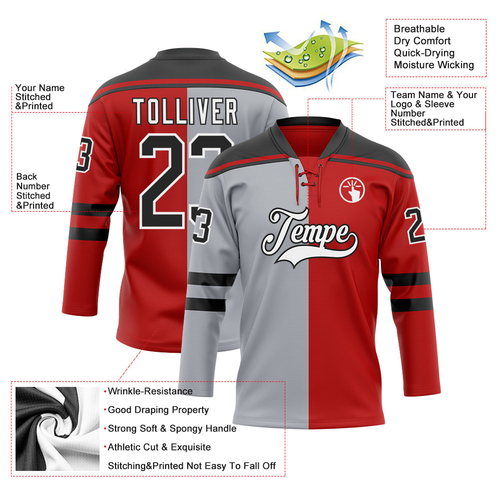 Custom Red Black Gray-White Split Fashion Hockey Lace Neck Jersey view 5