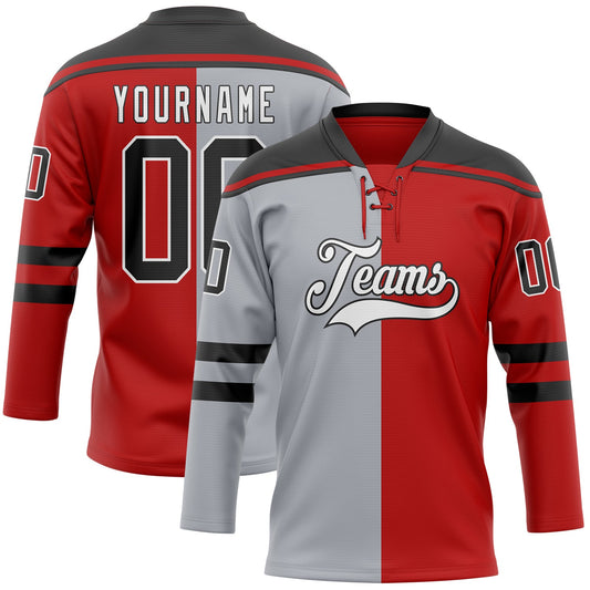 Custom Red Black Gray-White Split Fashion Hockey Lace Neck Jersey - Main View