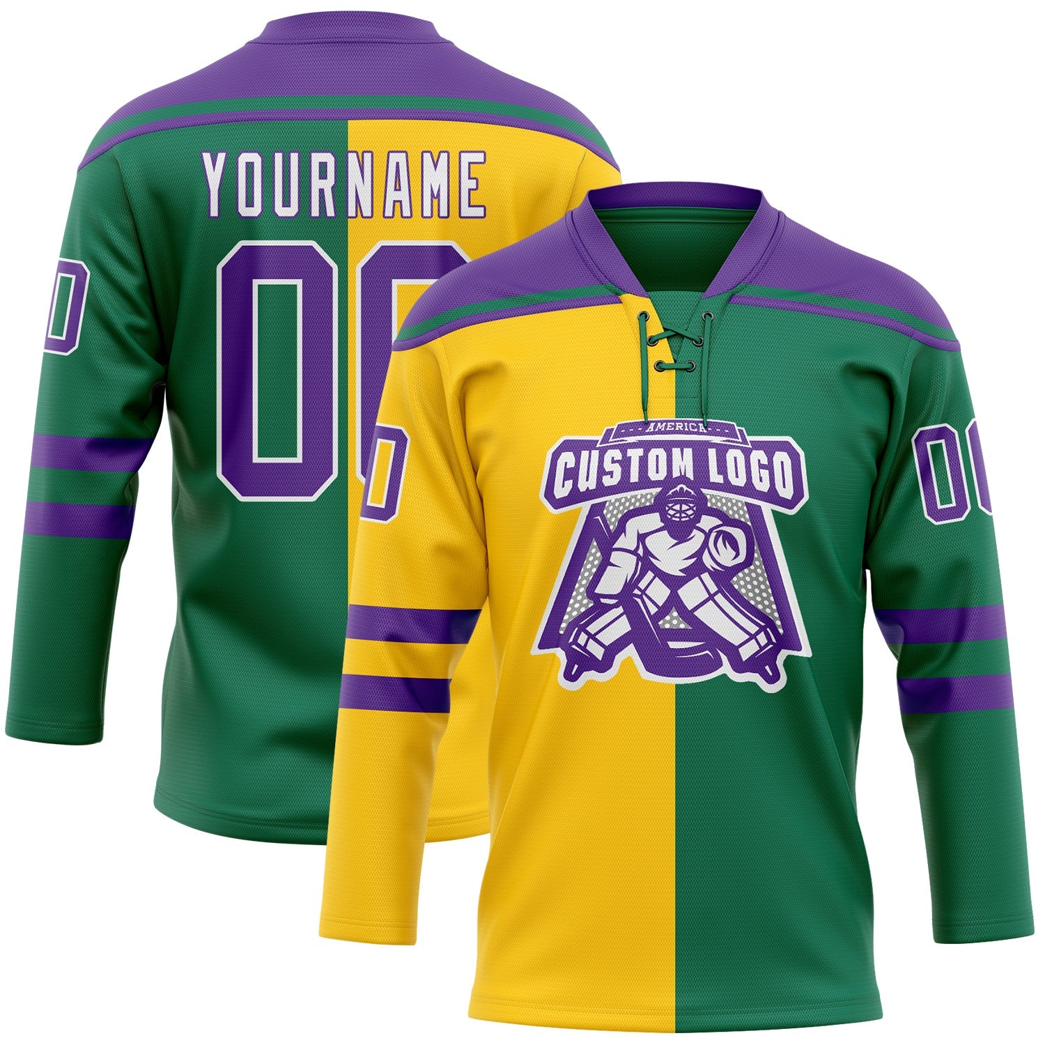 Custom Kelly Green Purple Yellow-White Split Fashion Hockey Lace Neck Jersey view 2