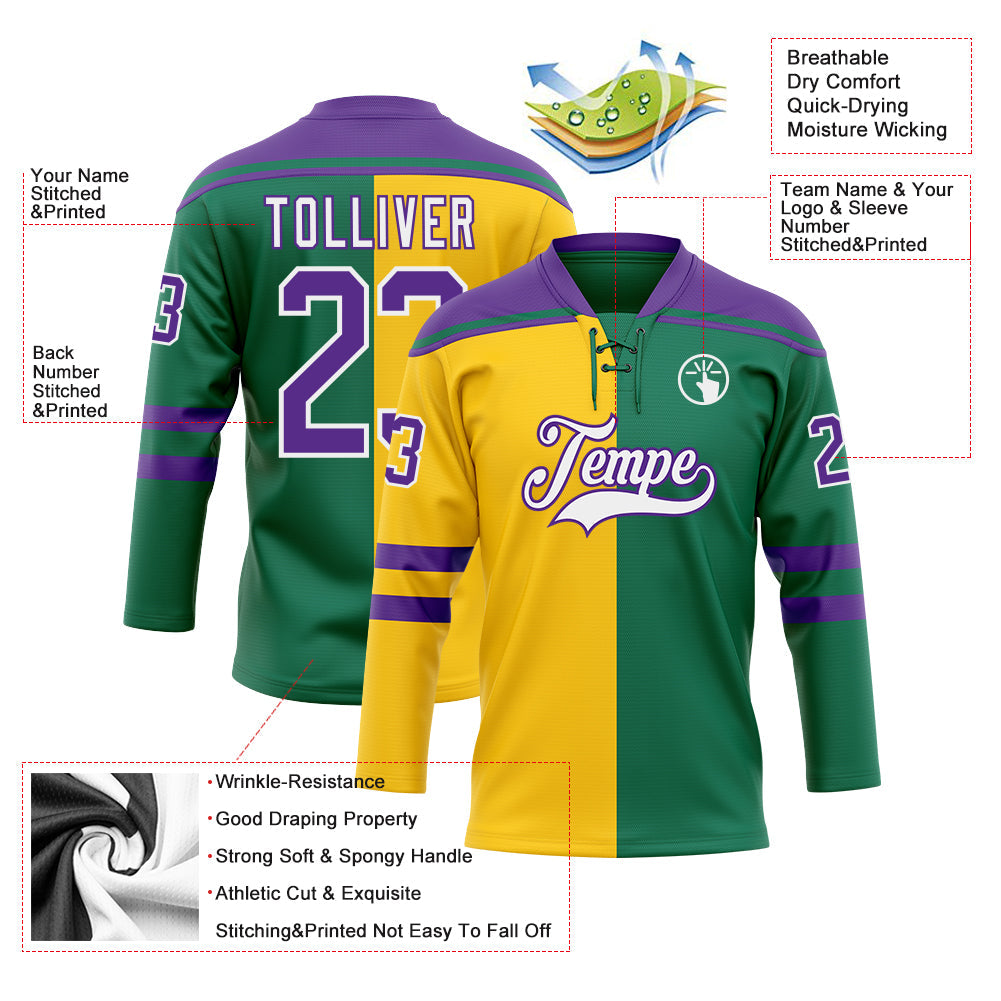 Custom Kelly Green Purple Yellow-White Split Fashion Hockey Lace Neck Jersey view 5