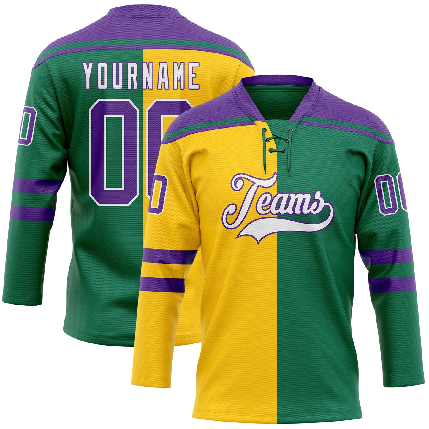 Custom Kelly Green Purple Yellow-White Split Fashion Hockey Lace Neck Jersey - Main View