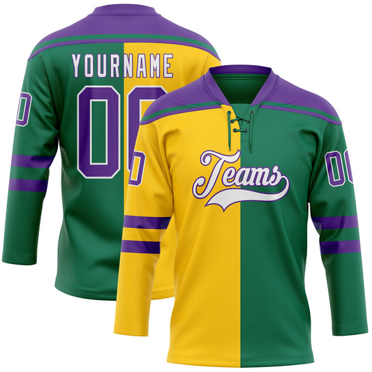 Custom Kelly Green Purple Yellow-White Split Fashion Hockey Lace Neck Jersey - Main View
