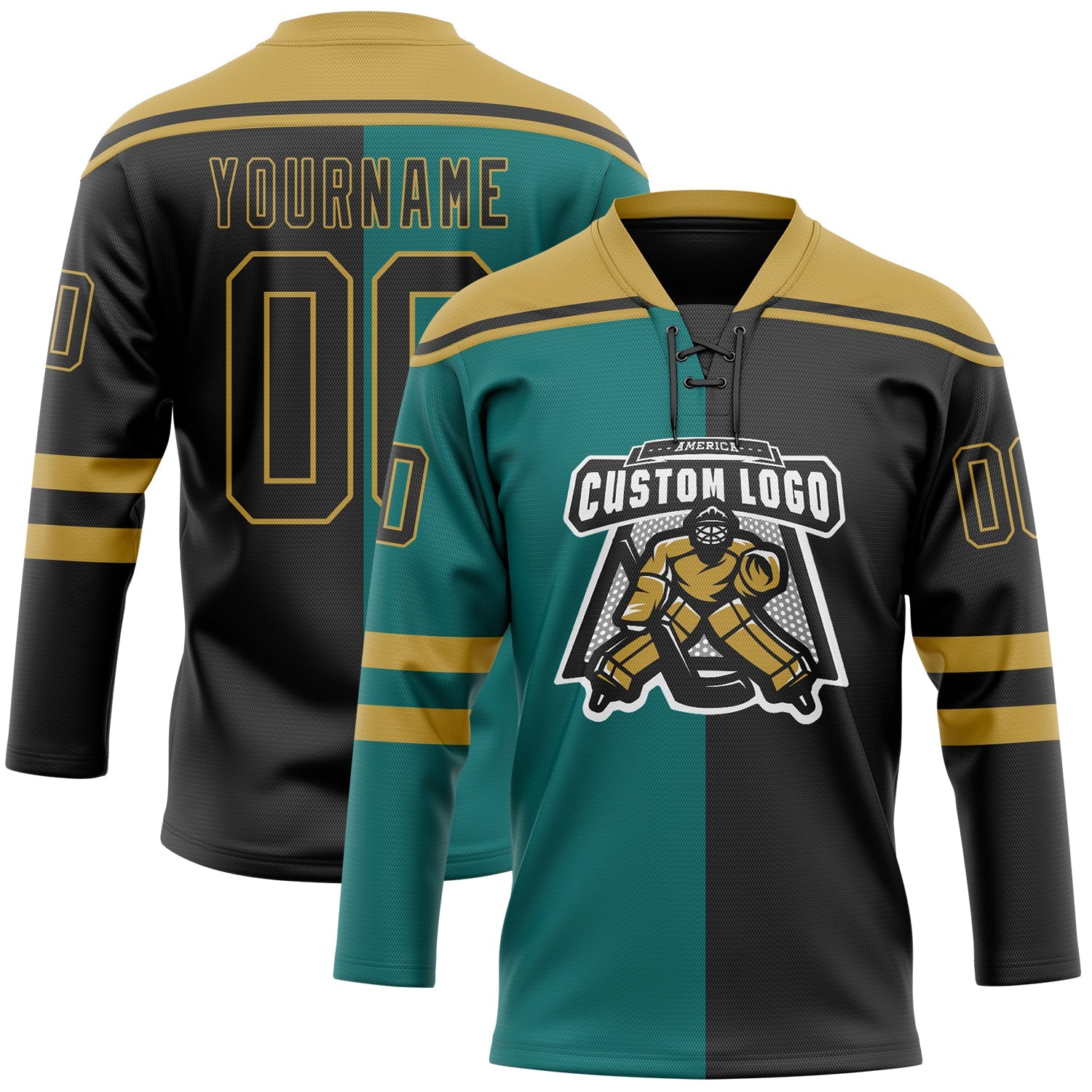 Custom Black Teal-Old Gold Split Fashion Hockey Lace Neck Jersey view 2