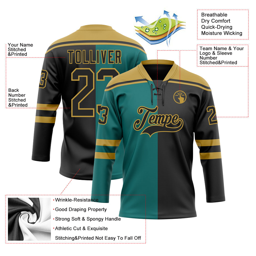Custom Black Teal-Old Gold Split Fashion Hockey Lace Neck Jersey view 5