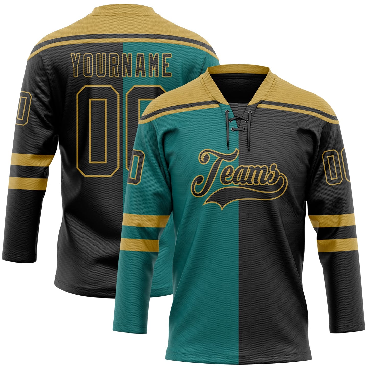 Custom Black Teal-Old Gold Split Fashion Hockey Lace Neck Jersey - Main View