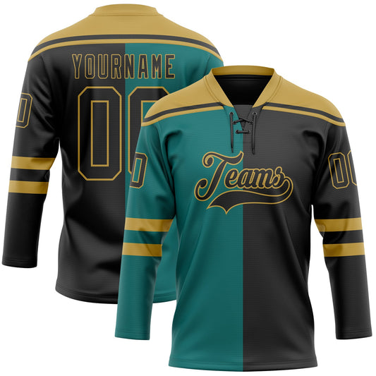Custom Black Teal-Old Gold Split Fashion Hockey Lace Neck Jersey - Main View
