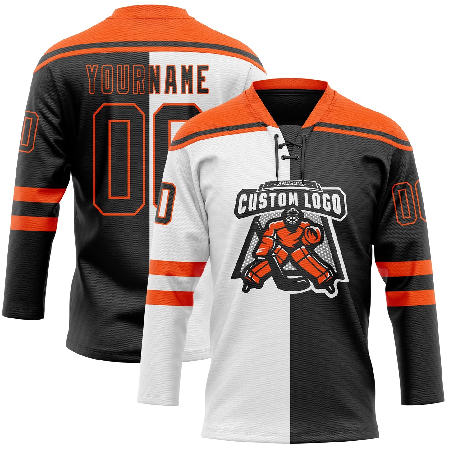 Custom Black Orange-White Split Fashion Hockey Lace Neck Jersey view 2