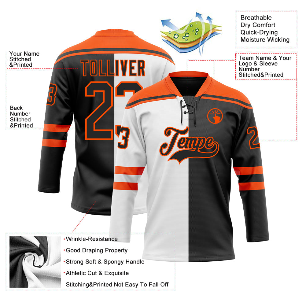 Custom Black Orange-White Split Fashion Hockey Lace Neck Jersey view 5