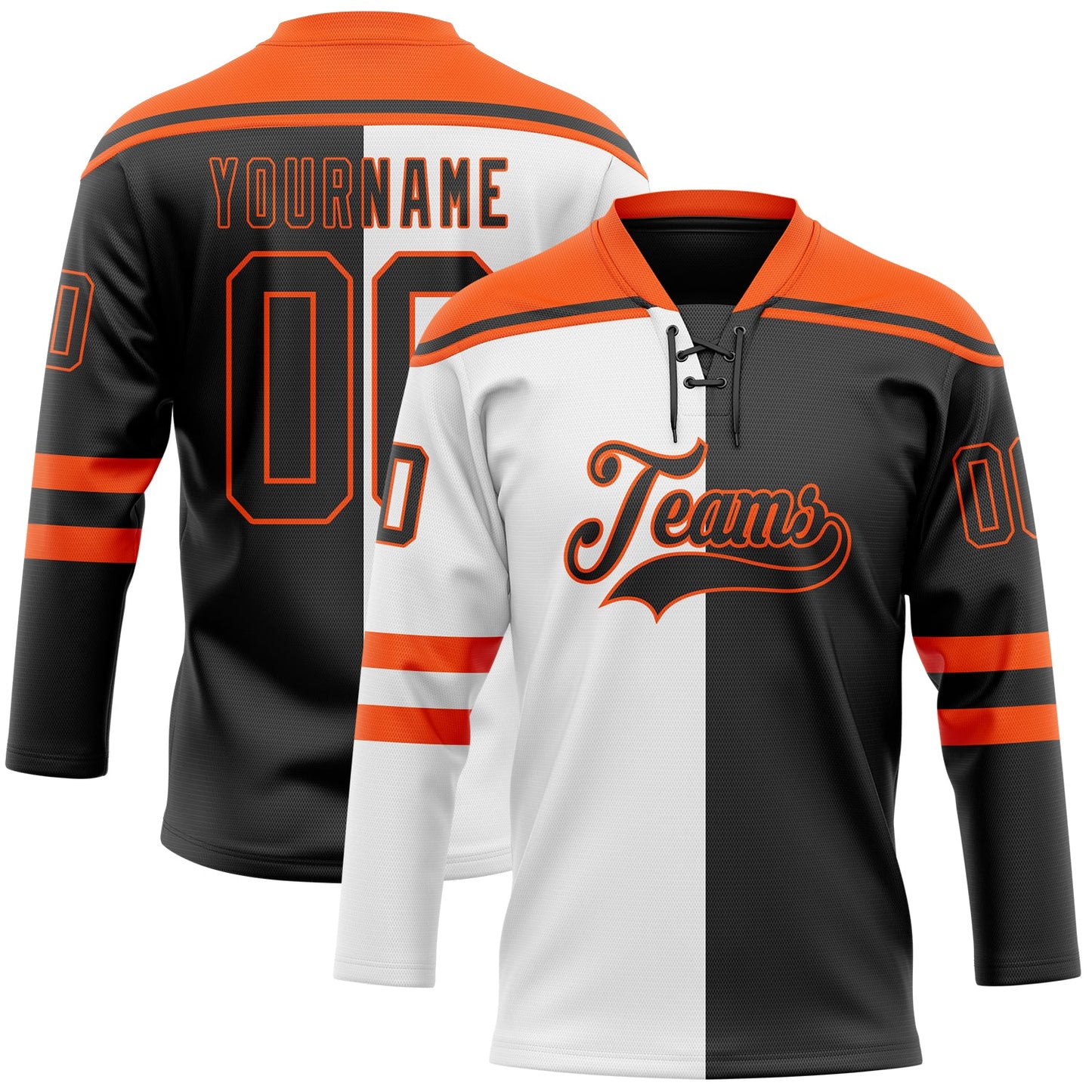 Custom Black Orange-White Split Fashion Hockey Lace Neck Jersey - Main View