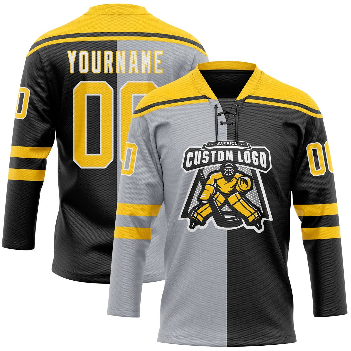 Custom Black Yellow Gray-White Split Fashion Hockey Lace Neck Jersey view 2