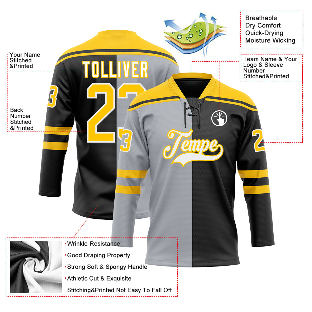 Custom Black Yellow Gray-White Split Fashion Hockey Lace Neck Jersey view 5