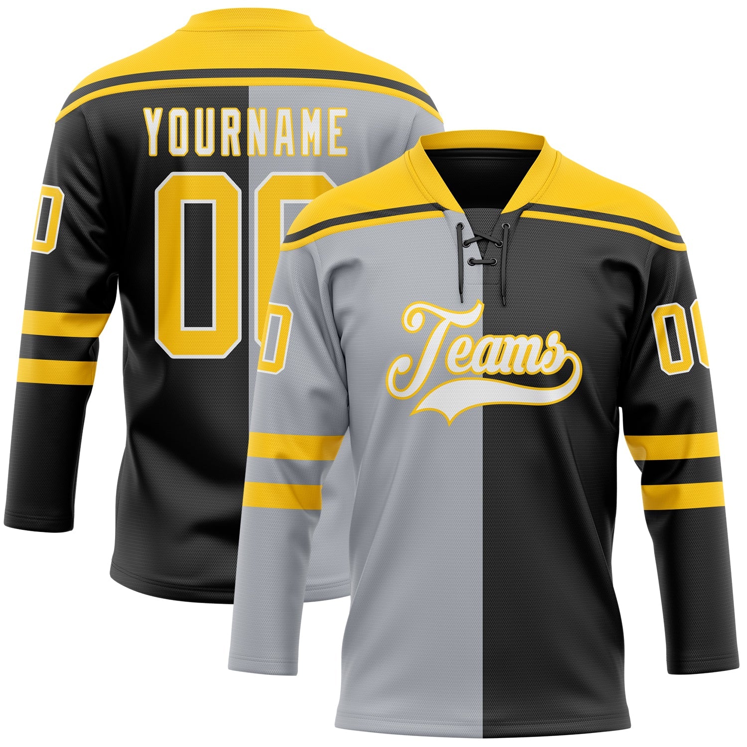 Custom Black Yellow Gray-White Split Fashion Hockey Lace Neck Jersey - Main View