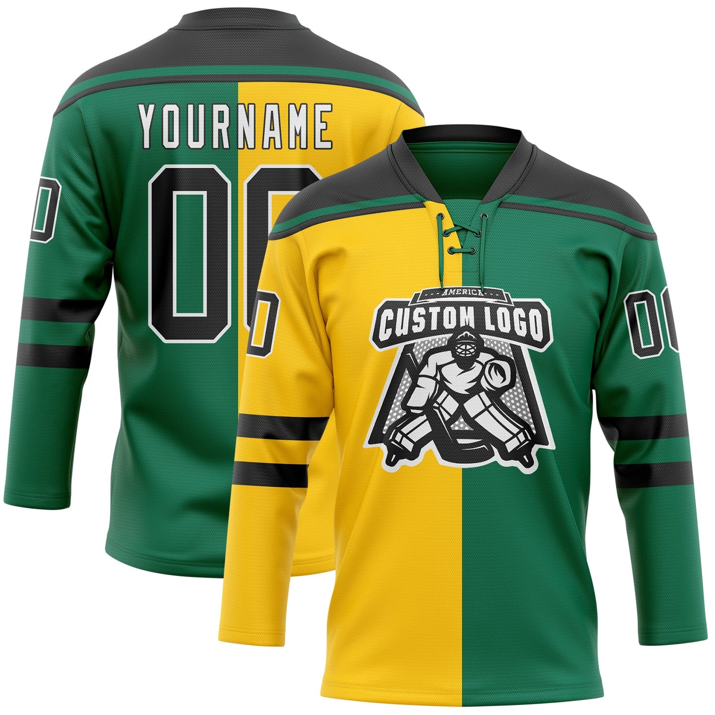 Custom Kelly Green Black Yellow-White Split Fashion Hockey Lace Neck Jersey view 2