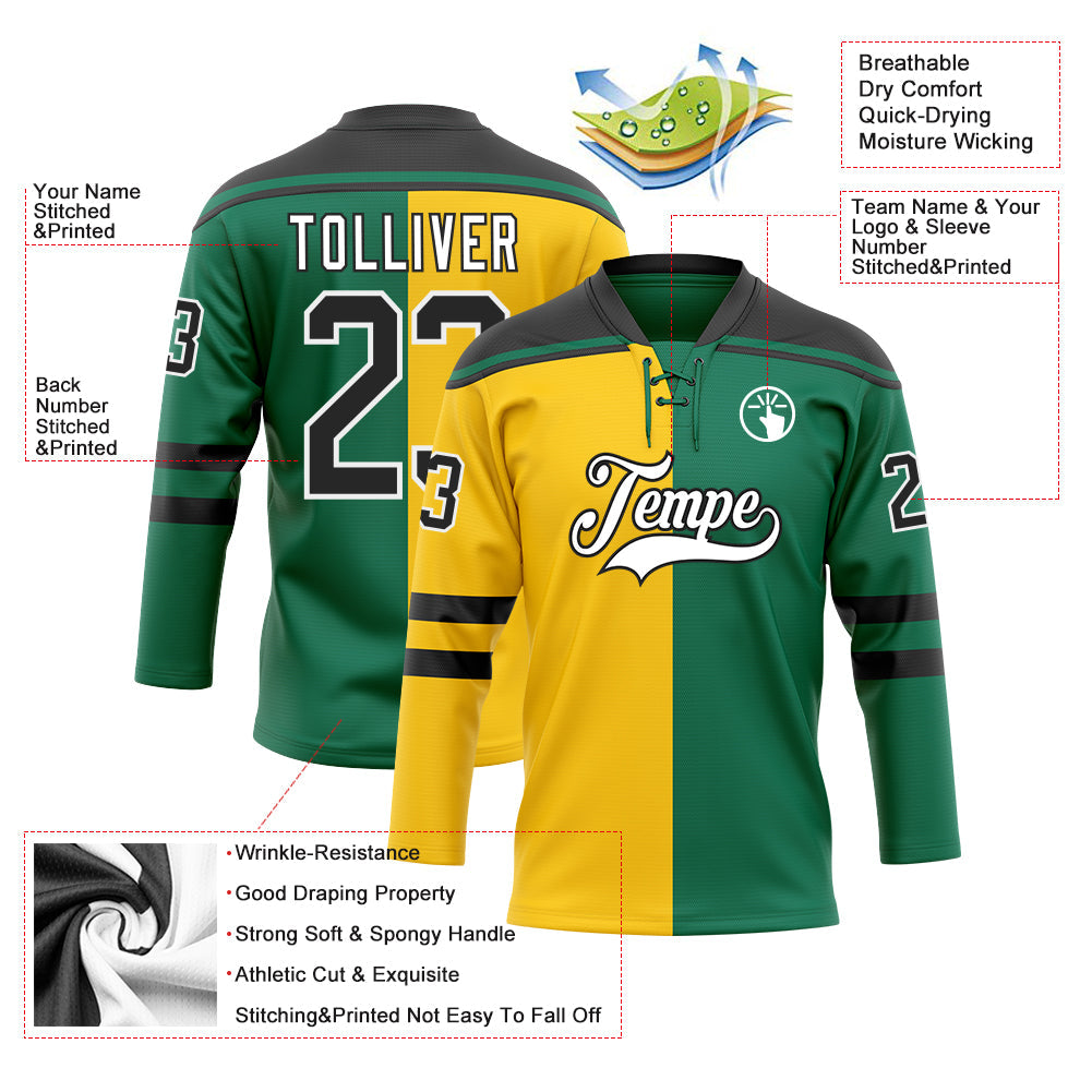 Custom Kelly Green Black Yellow-White Split Fashion Hockey Lace Neck Jersey view 5